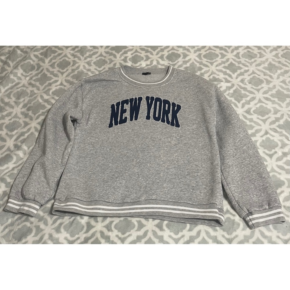 Angel Cult Mens Gray New York Graphic Crewneck Sweatshirt L Collegiate Striped